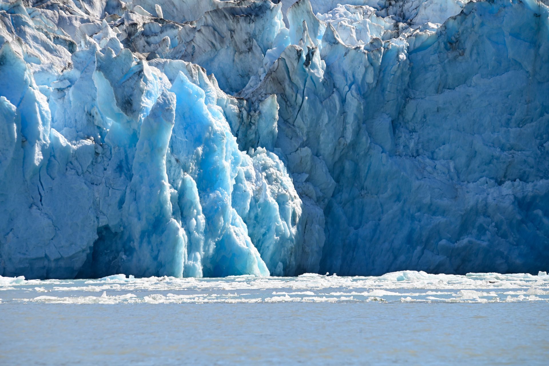 Blue ice at the face of a tidewater glacier in Southeast Alaska