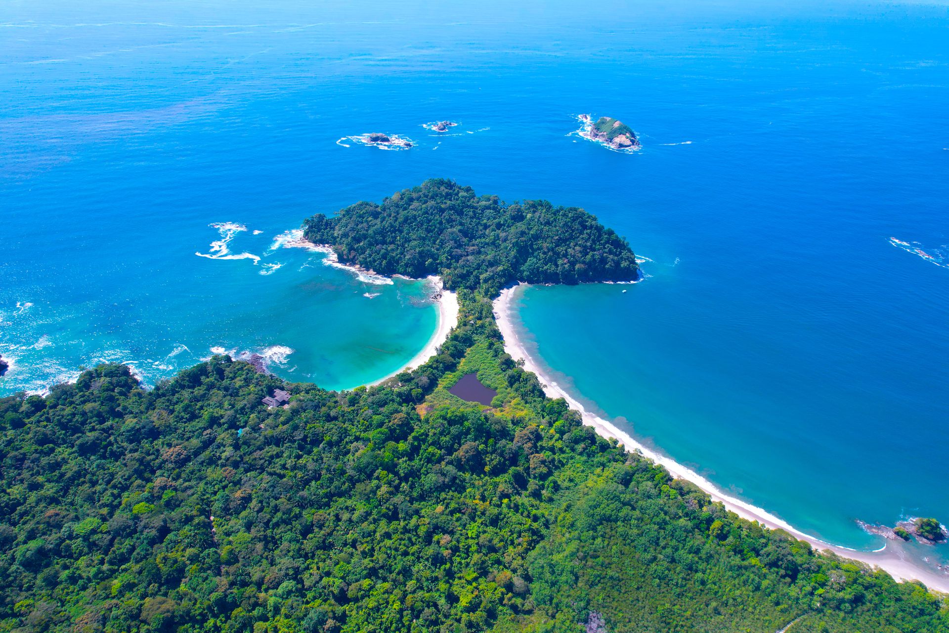 Aerial view of the rainforest meeting the beach at Manuel Antonio, Costa Rica