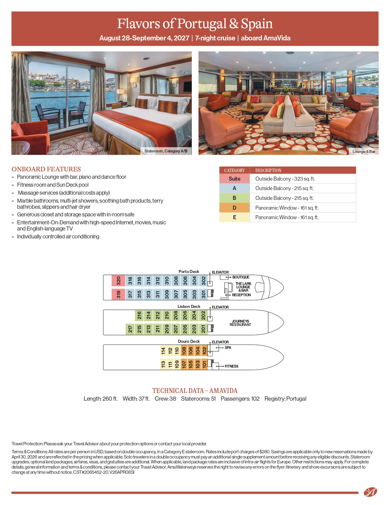 Flavors of Portugal & Spain 2027 flyer - AmaVida ship details and staterooms