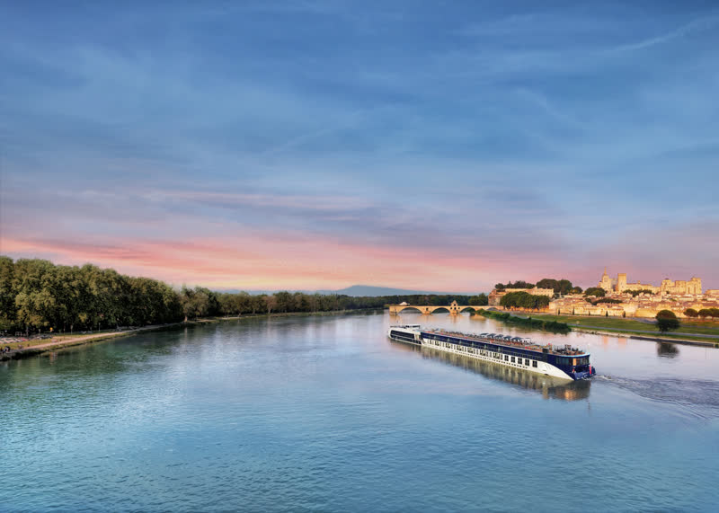 River cruise ship at golden hour on the Rhone
