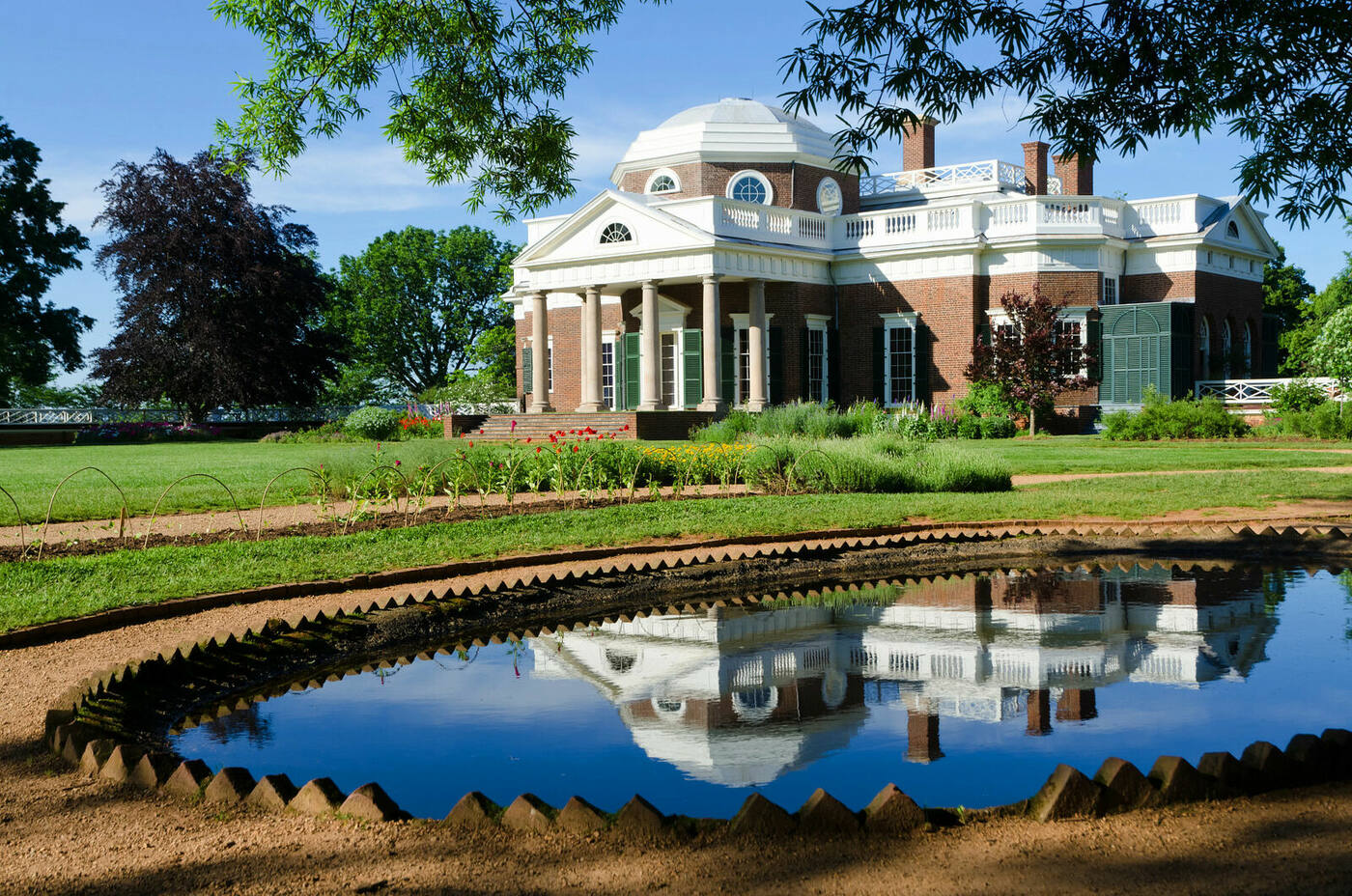 Monticello reflected in a garden pond