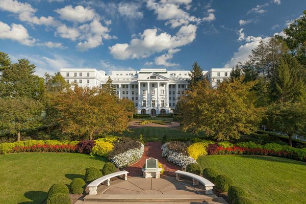 The Greenbrier resort seen across its front lawn and gardens