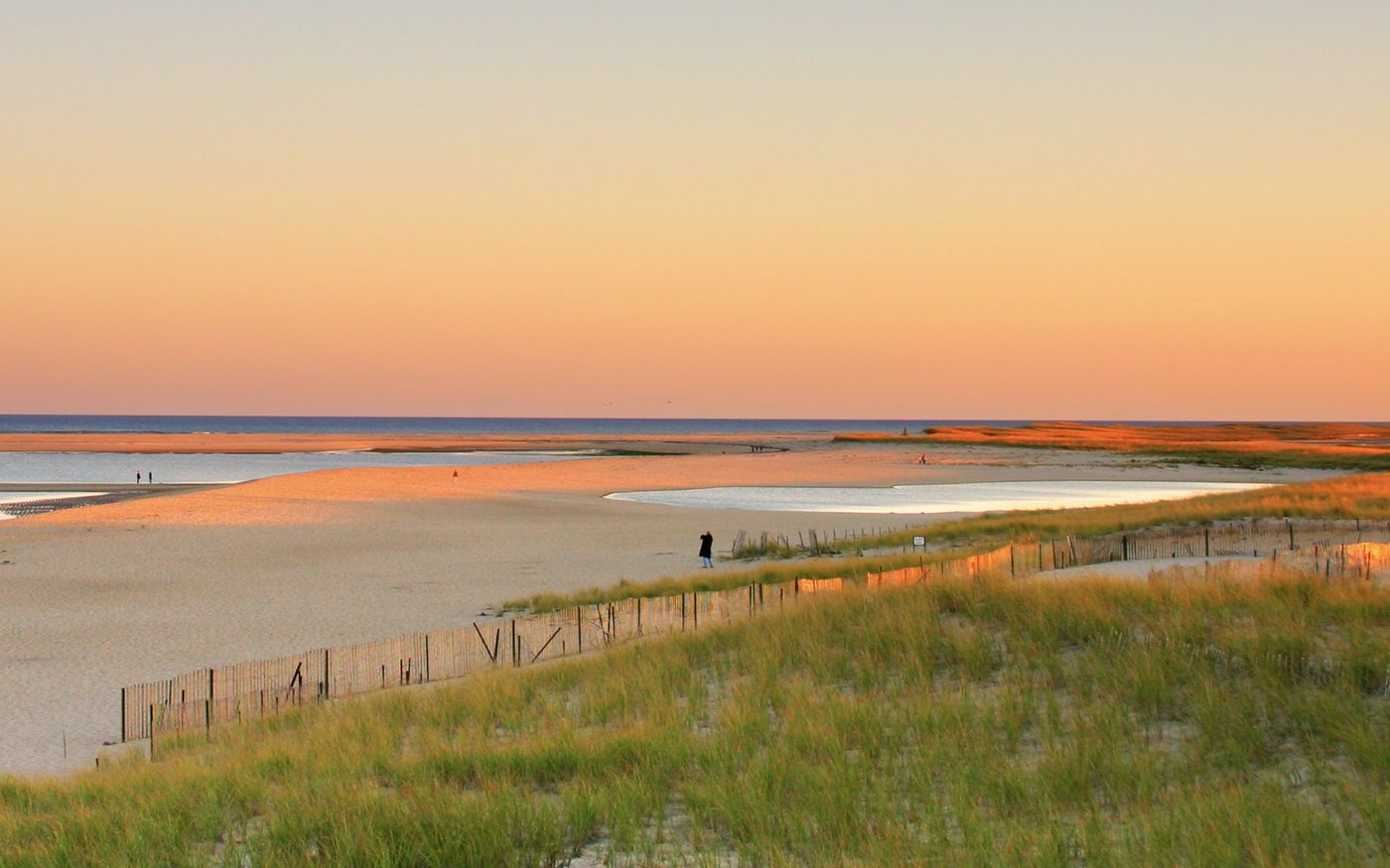 A New England beach at sunset