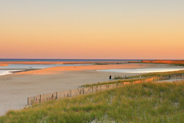 A New England beach at sunset
