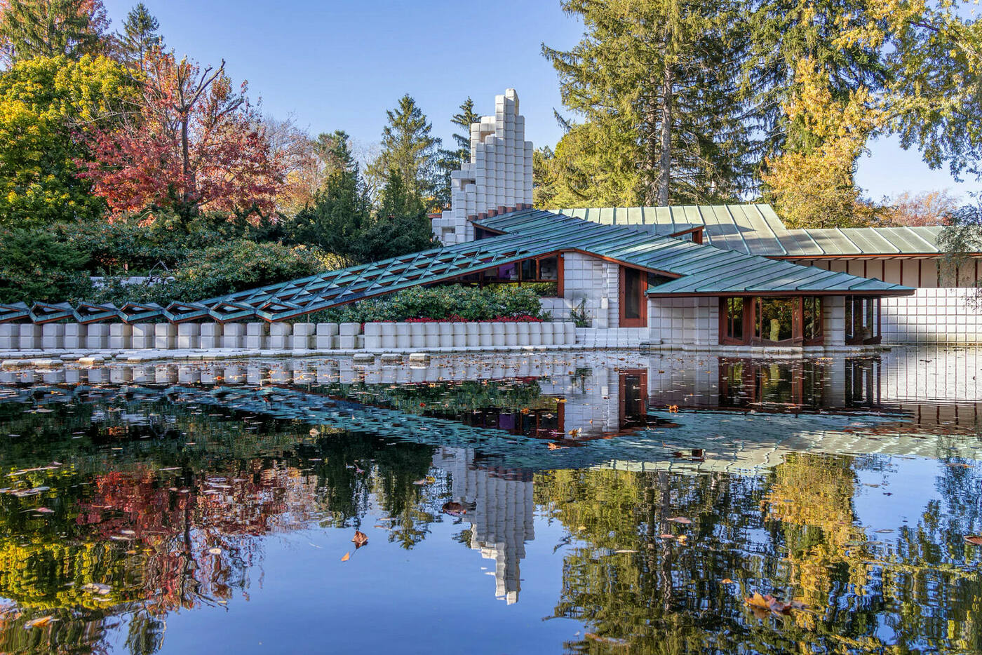 The Alden B. Dow home and studio reflected in its pond
