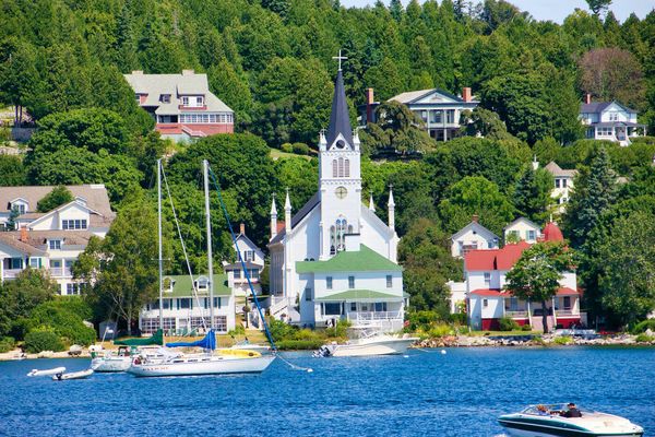 Mackinac Island harbor with a white church steeple