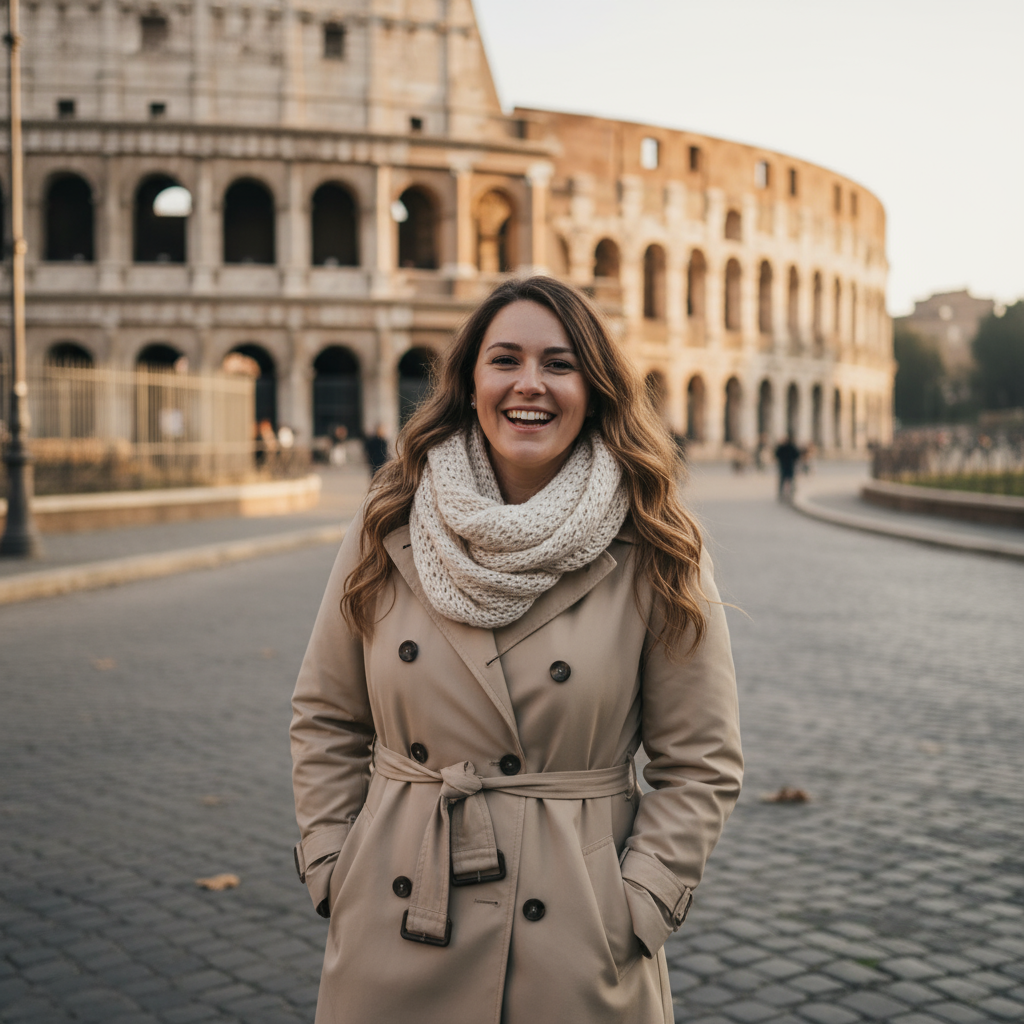 Woman in trench coat and scarf standing near the Colosseum