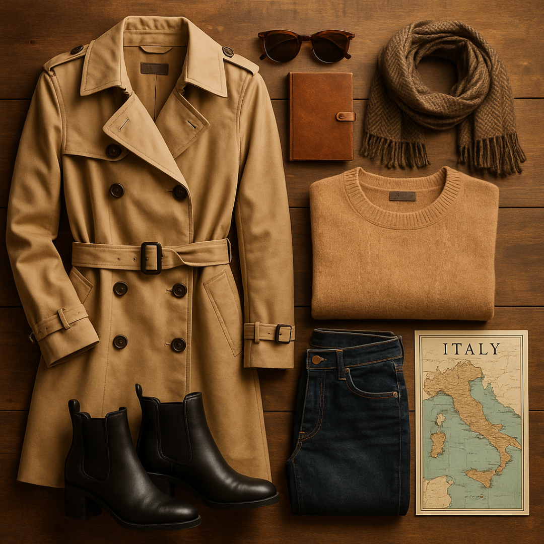 Packing Grid Graphic Tee Cardigan Trench Boots Combinations
