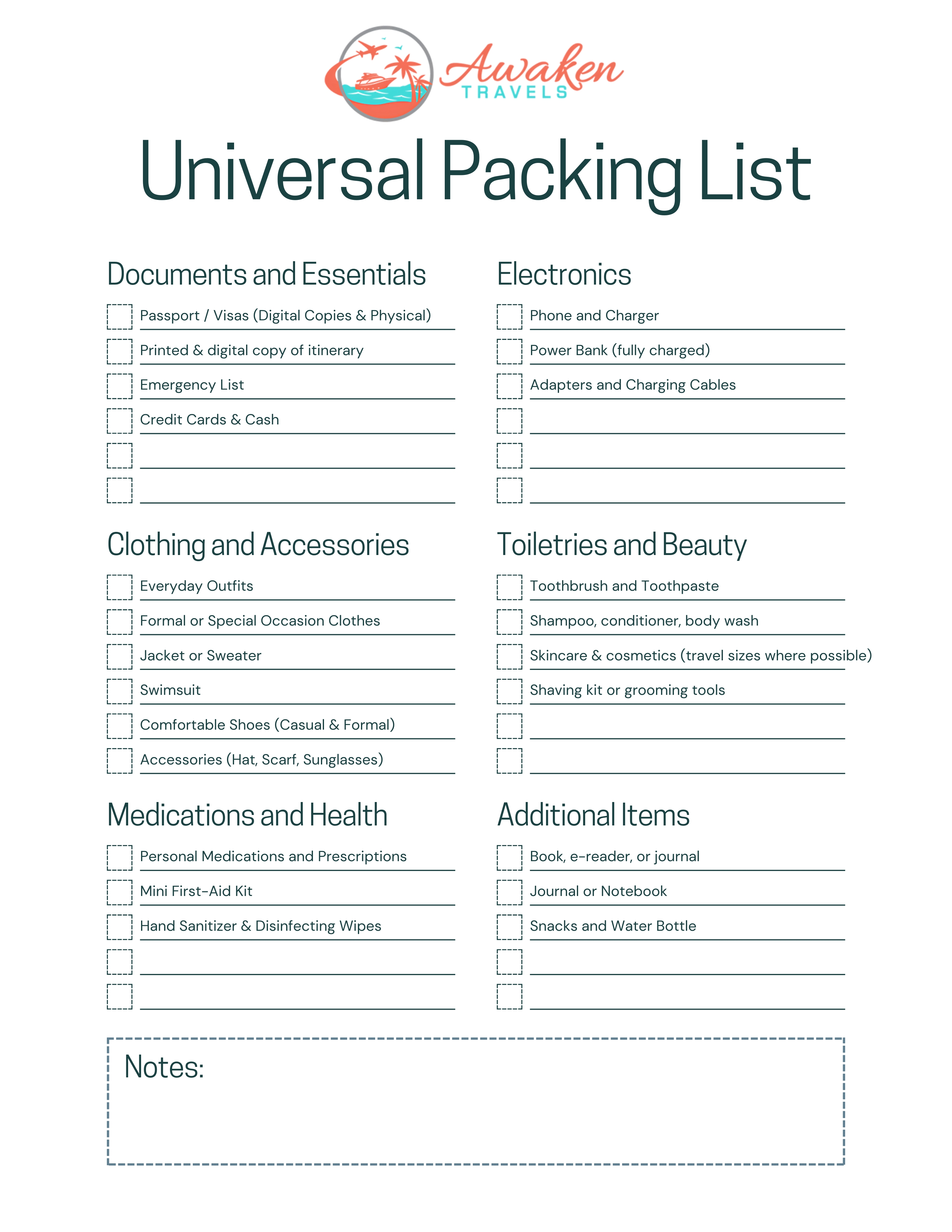 Awaken Travels Universal Packing List