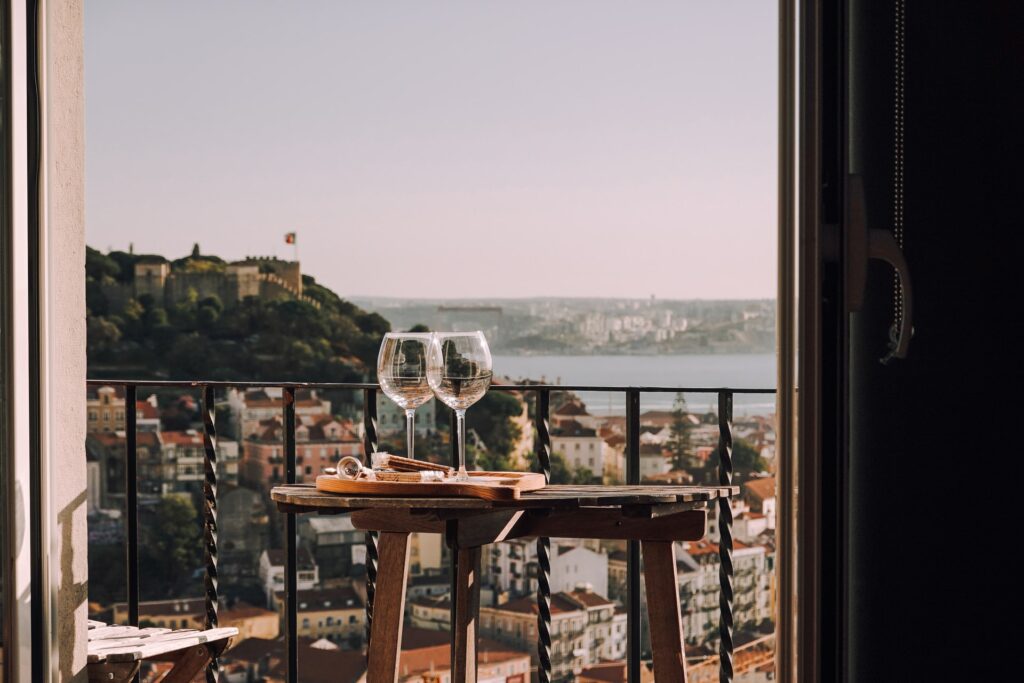 Wine glasses overlooking Lisbon, Porugal