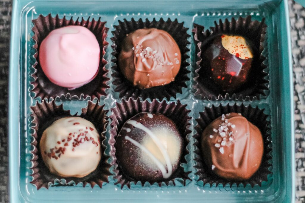 a tray of 6 chocolates for a valentines day gift