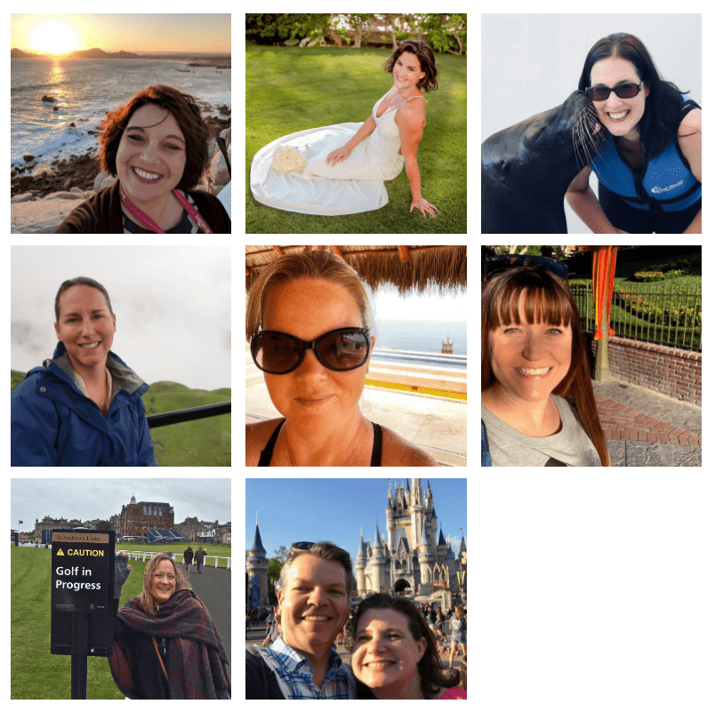 Collage of Awaken Travels team members in various travel locations, showcasing the personal and adventurous spirit of the agency's travel consultants.