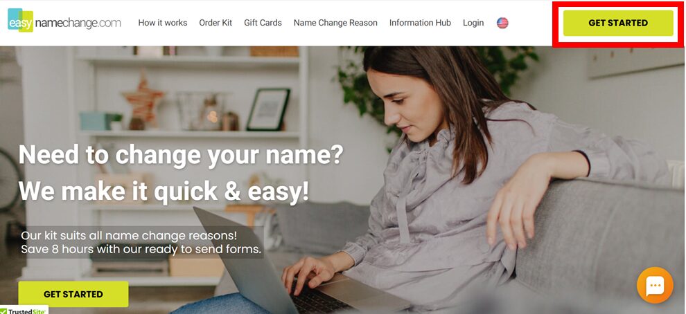 A woman comfortably lounging on a couch, working on her laptop, with the Easy Name Change website open, displaying a prominent 'Get Started' button for a hassle-free name change process.